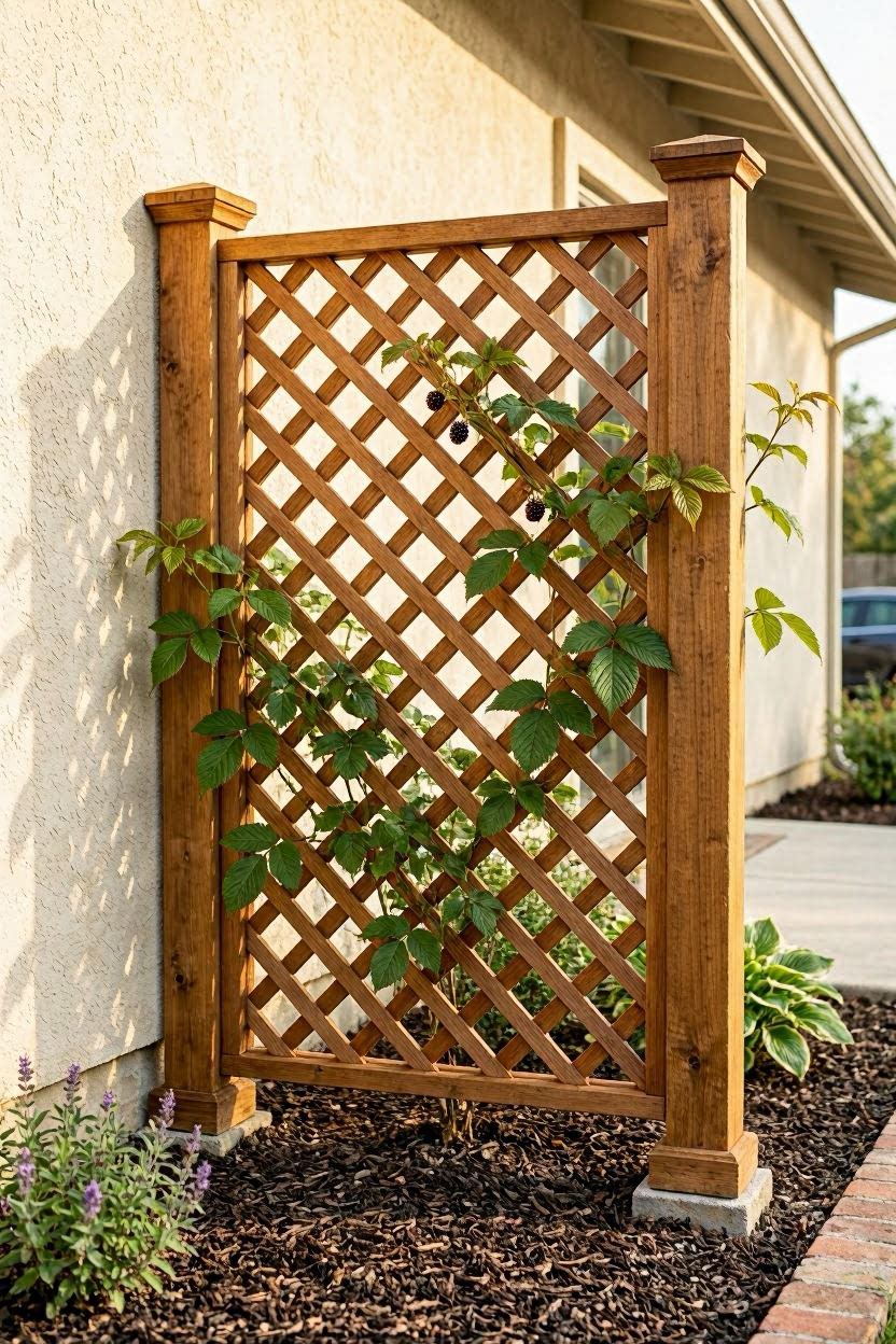 Decorative lattice panel trellis with blackberry canes trained against a garden wall