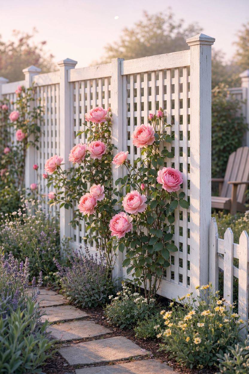 White lattice panel privacy fence in garden