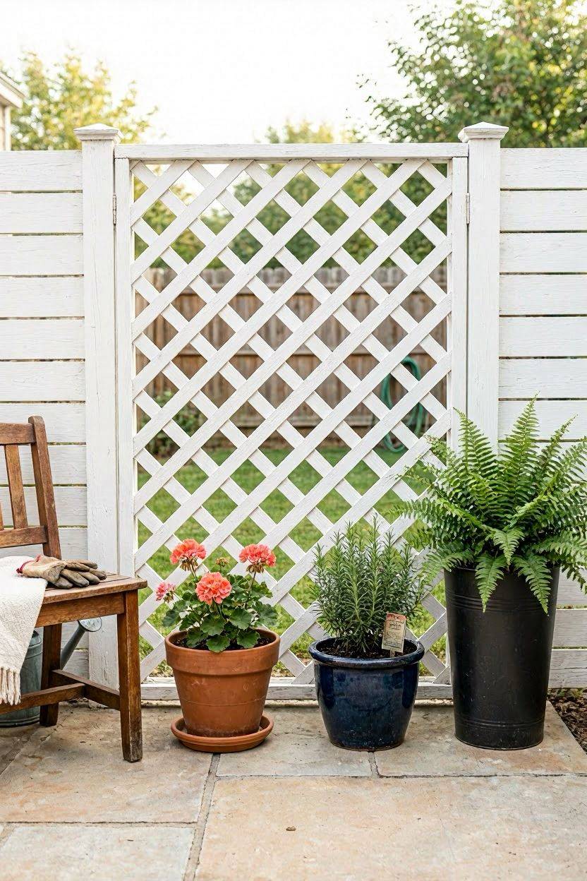 Lattice panel trellis attached to a wooden backyard fence
