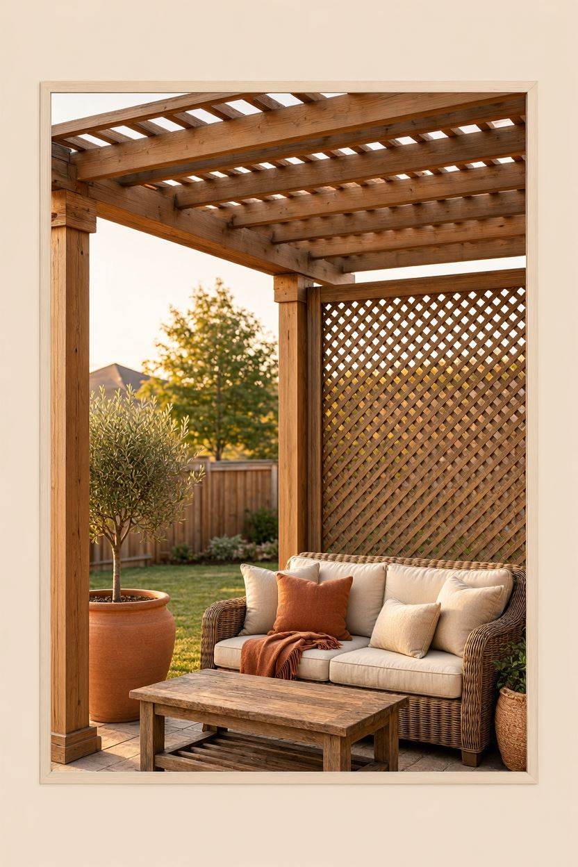 Pergola with lattice privacy wall panel on one side of patio