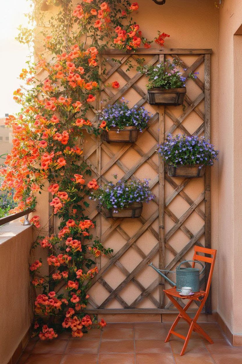 Rustic balcony with diamond-pattern wooden lattice trellis covered in orange climbing trumpet vine flowers and small wooden wall-mounted planter boxes holding blue and purple flowers and herbs