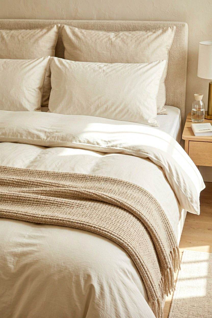 Layered hotel-style bedding with neutral tones and textured throw