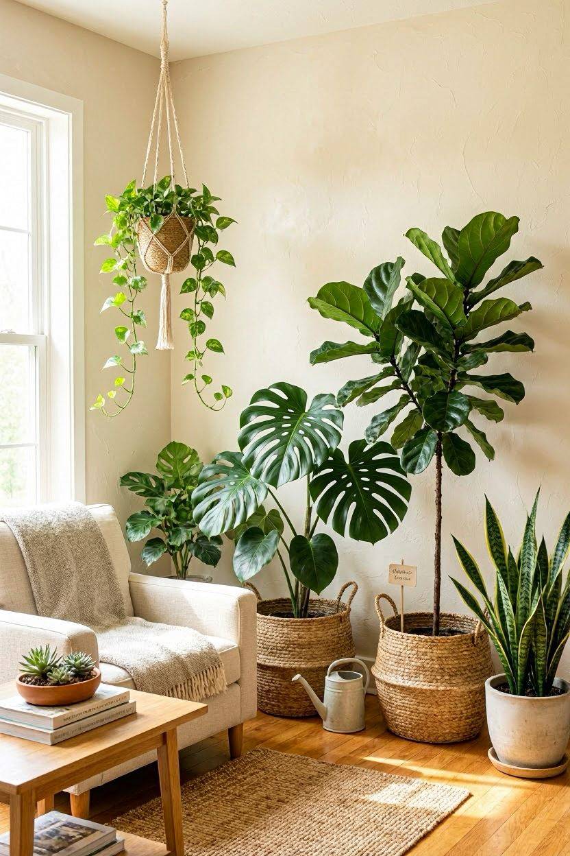 Layered houseplants of different heights styled in a cozy living room corner