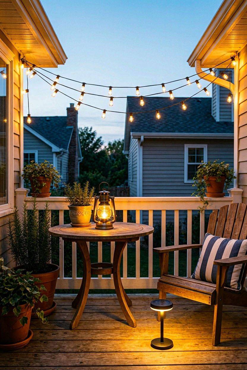 Balcony with layered lighting combining overhead, tabletop, and floor lights