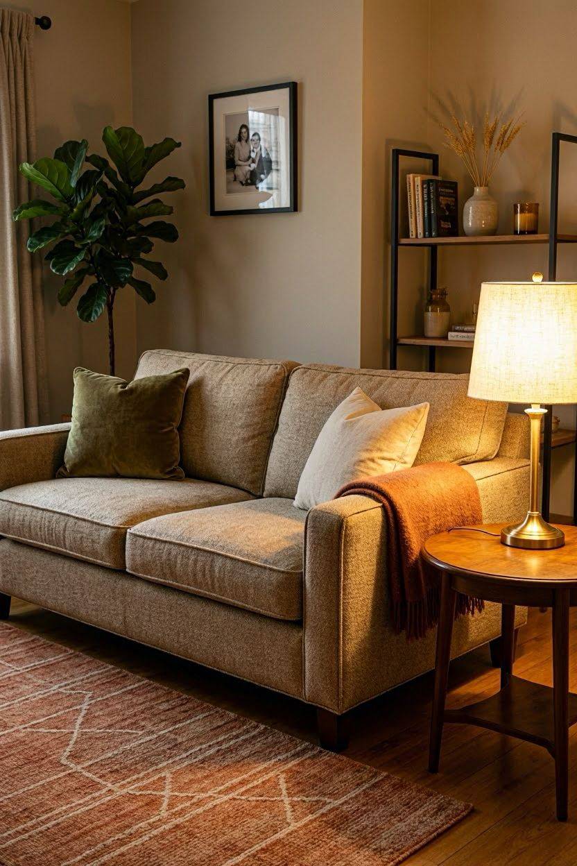 Living room styled with layered lamp lighting and warm bulbs in the evening
