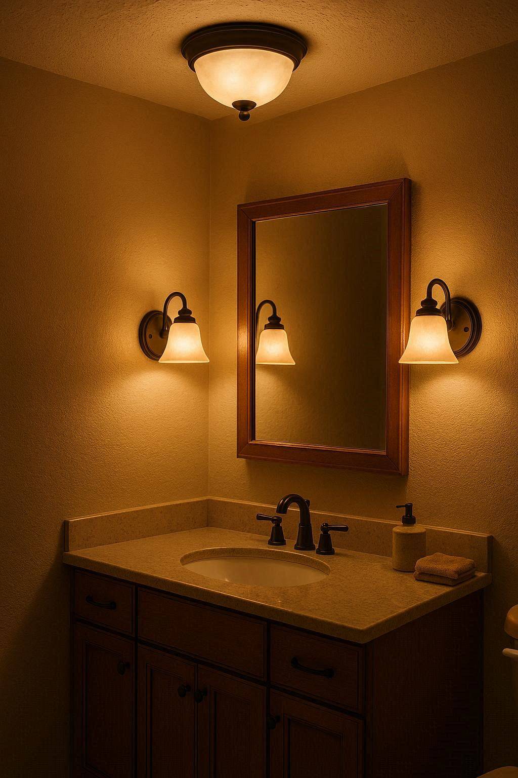 Layered bathroom lighting with sconces and ceiling fixture in small bathroom