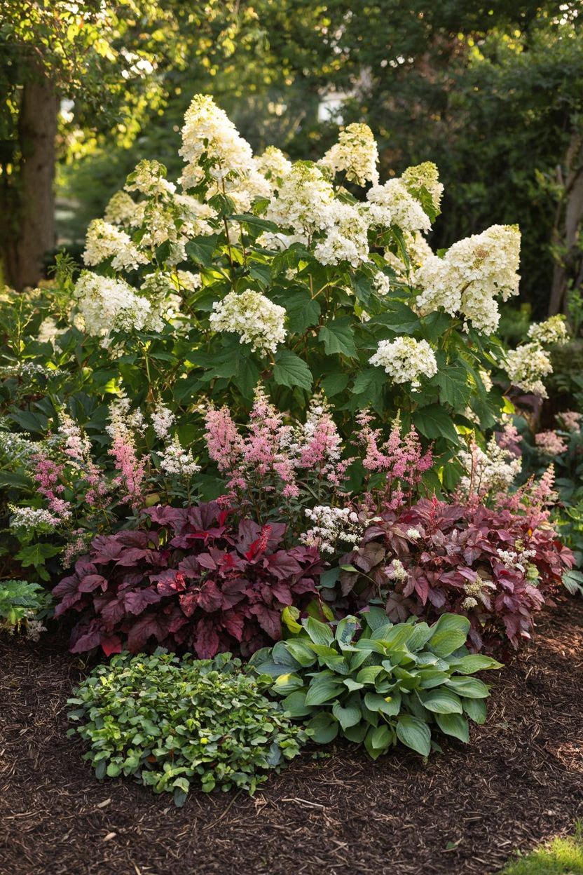 A layered shade garden with tall shrubs at the back, mid-height perennials in the middle, and low ground covers at the front, photographed in a suburban backyard