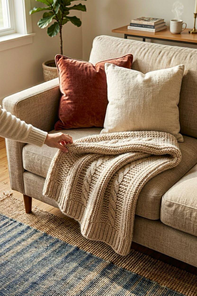 Layered area rug and throw pillows adding texture to small living room