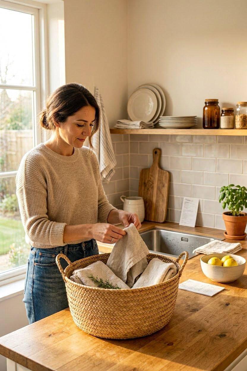 Layered natural textures and decor styling on a kitchen counter
