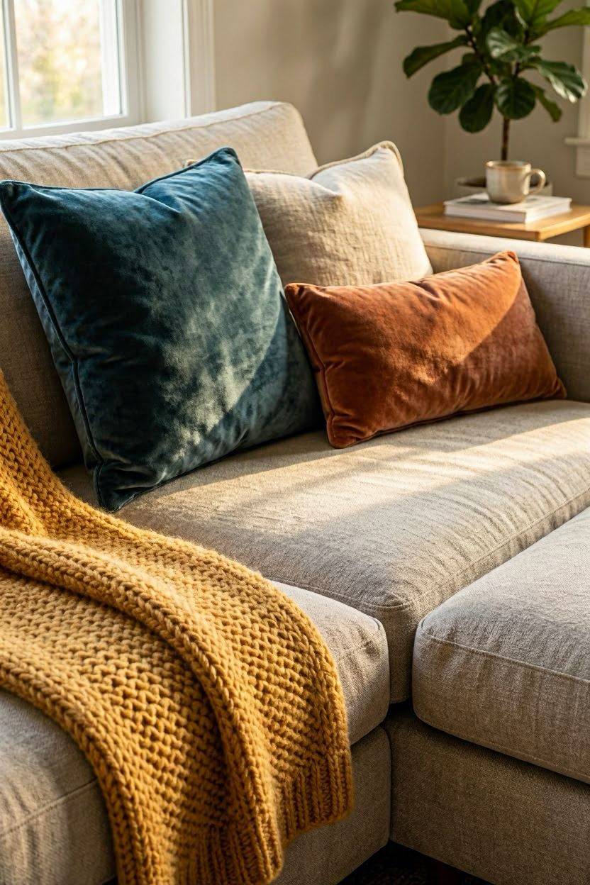 Layered throw blankets and mixed texture pillows on a cozy sofa