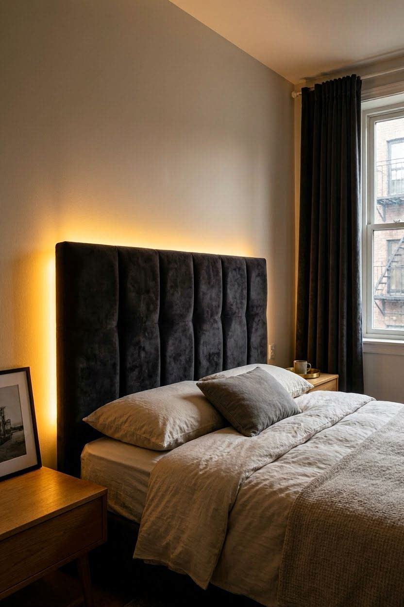Warm amber LED strip lights glowing behind a velvet upholstered headboard in a dark cozy bedroom