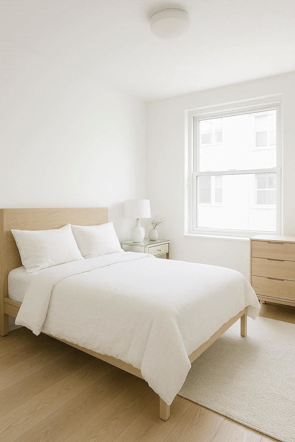 Bright small bedroom with white and light wood furniture, mirrored nightstand, and natural window light