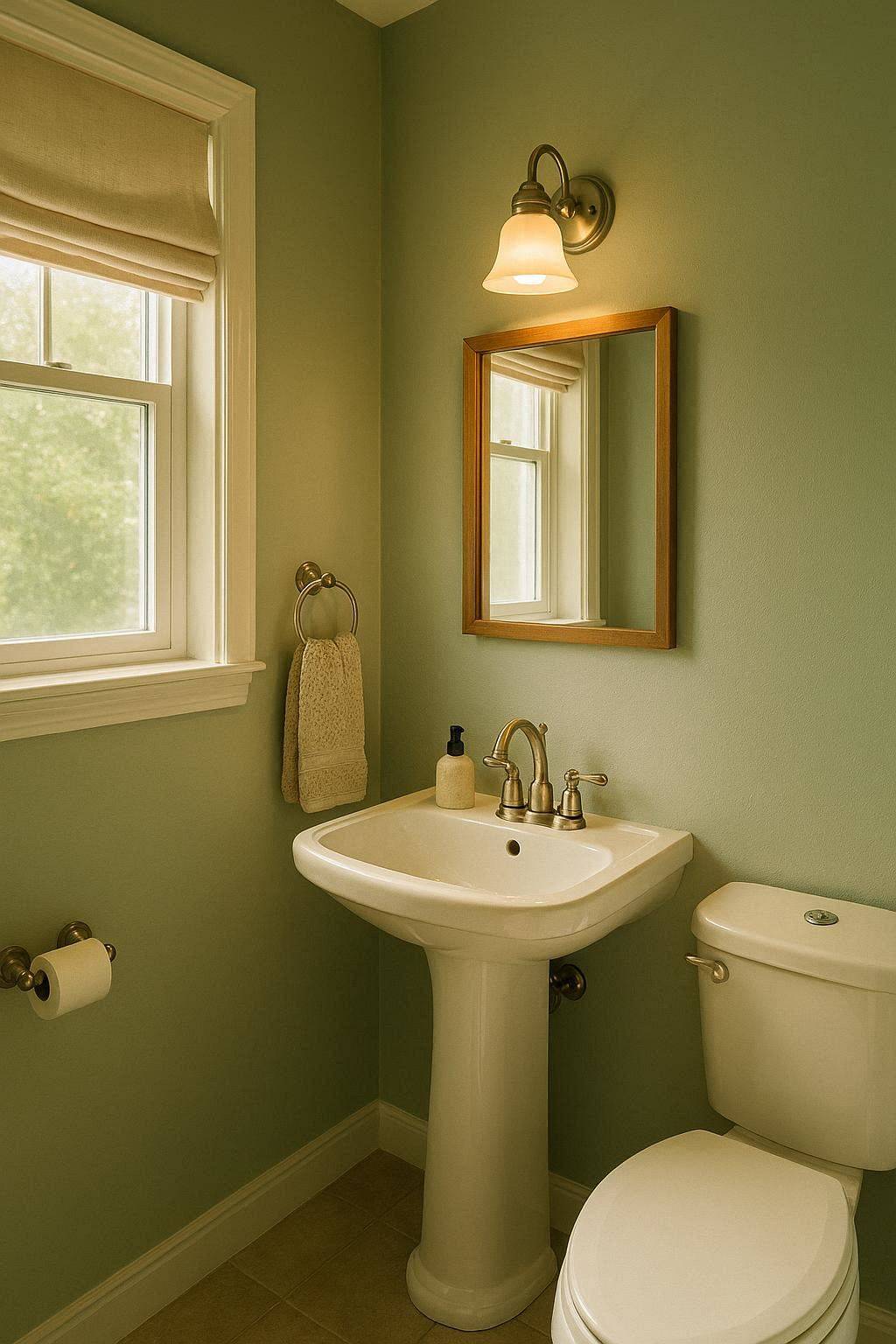 Light sage green paint on small bathroom walls with satin finish