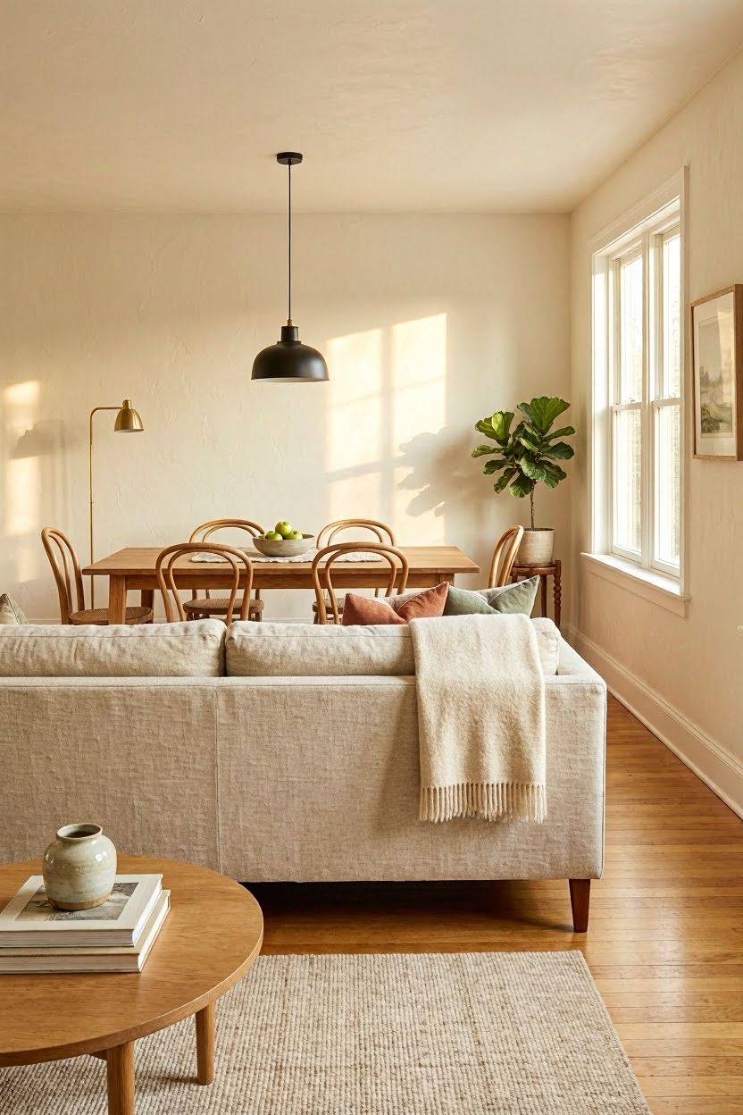 Combined living room and dining area layout with sofa as divider