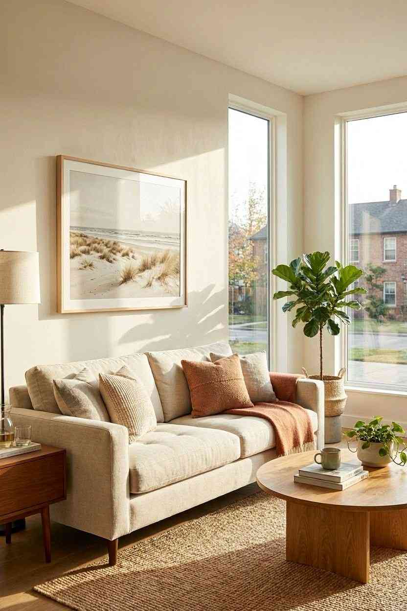 Cozy modern living room with layered decor, warm lighting, and styled sofa