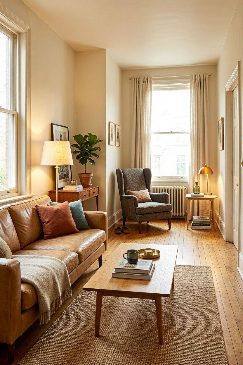 Long narrow living room layout split into two furniture zones