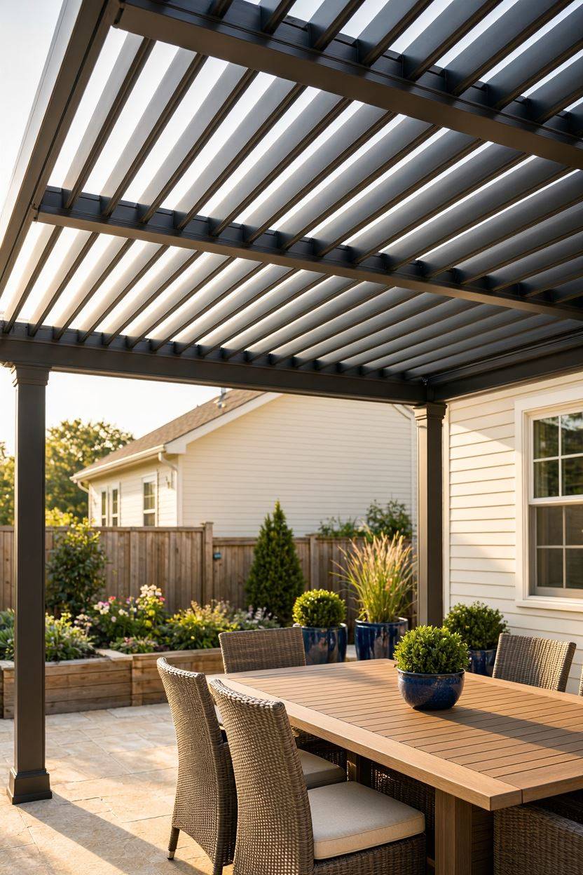 Louvered roof pergola with adjustable slats for sun and rain control