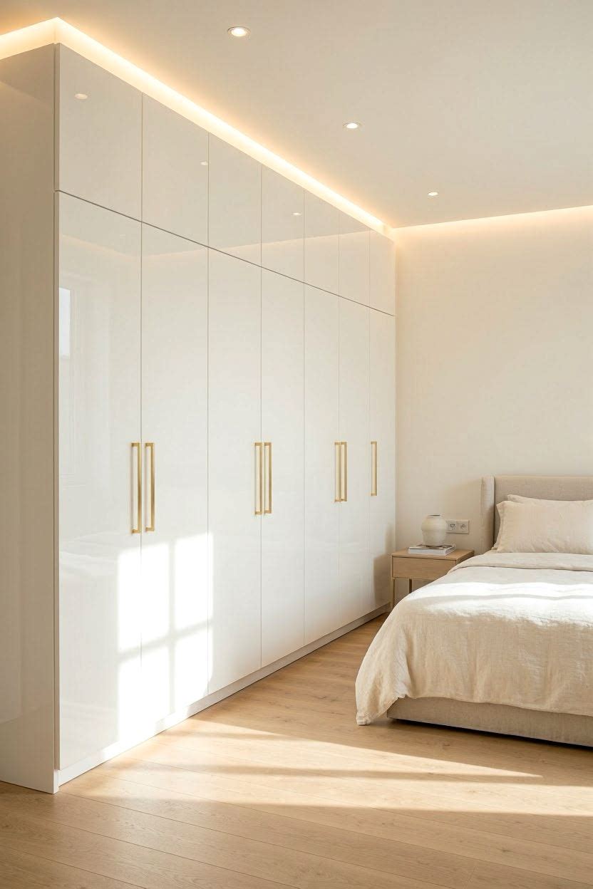 Luxury bedroom wardrobe with glossy white finish and gold handles in a modern American bedroom