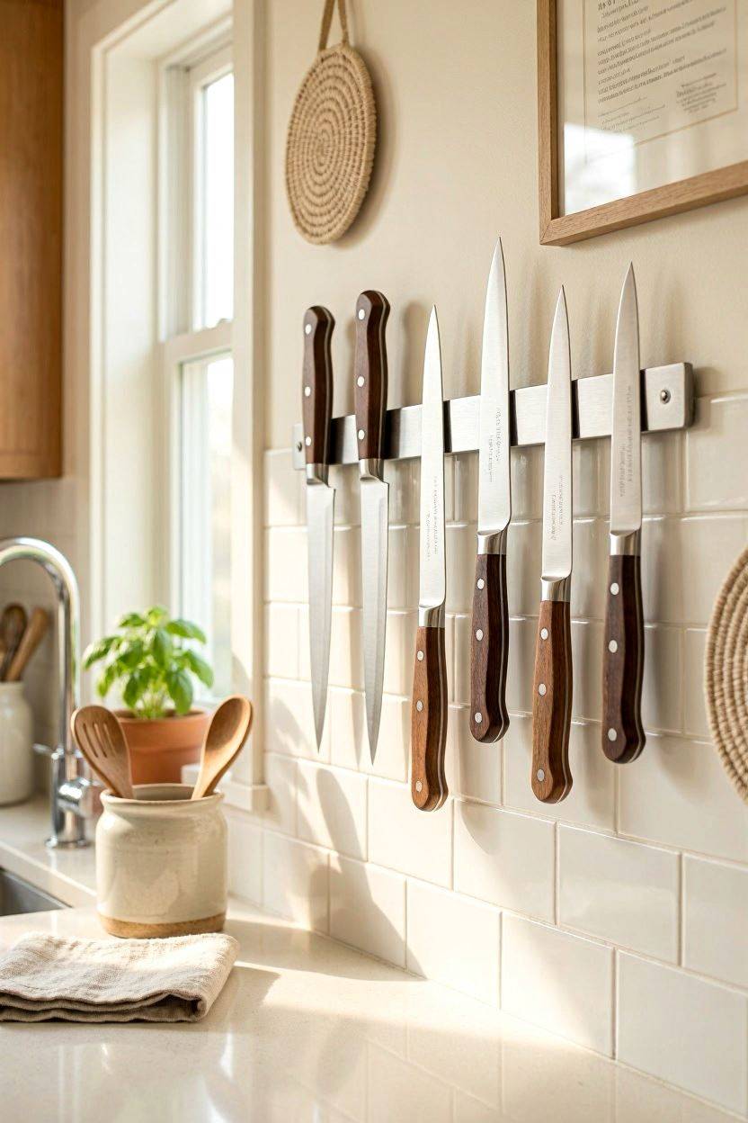 Magnetic knife strip mounted on kitchen wall holding knives