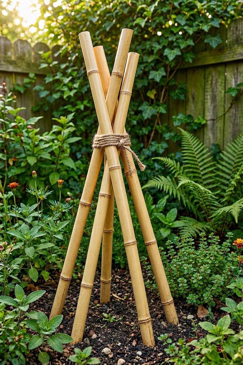 Five bamboo canes arranged in a teepee shape in a garden bed ready for mandevilla planting