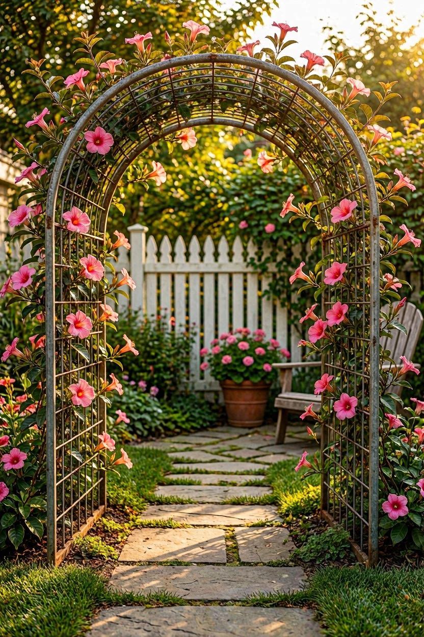 Cattle panel bent into a garden arch with mandevilla vines trained to climb both sides