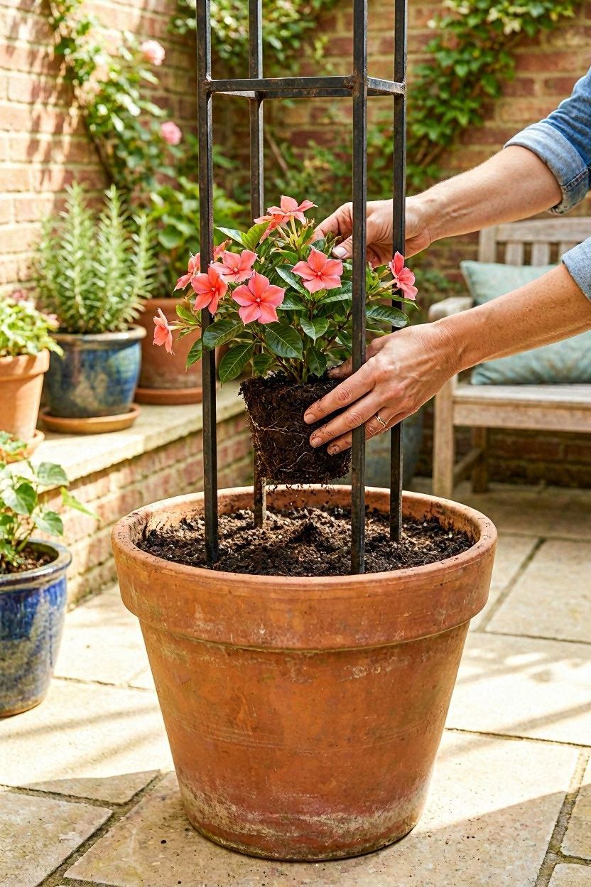 Planting mandevilla in a large pot with an obelisk trellis in the center