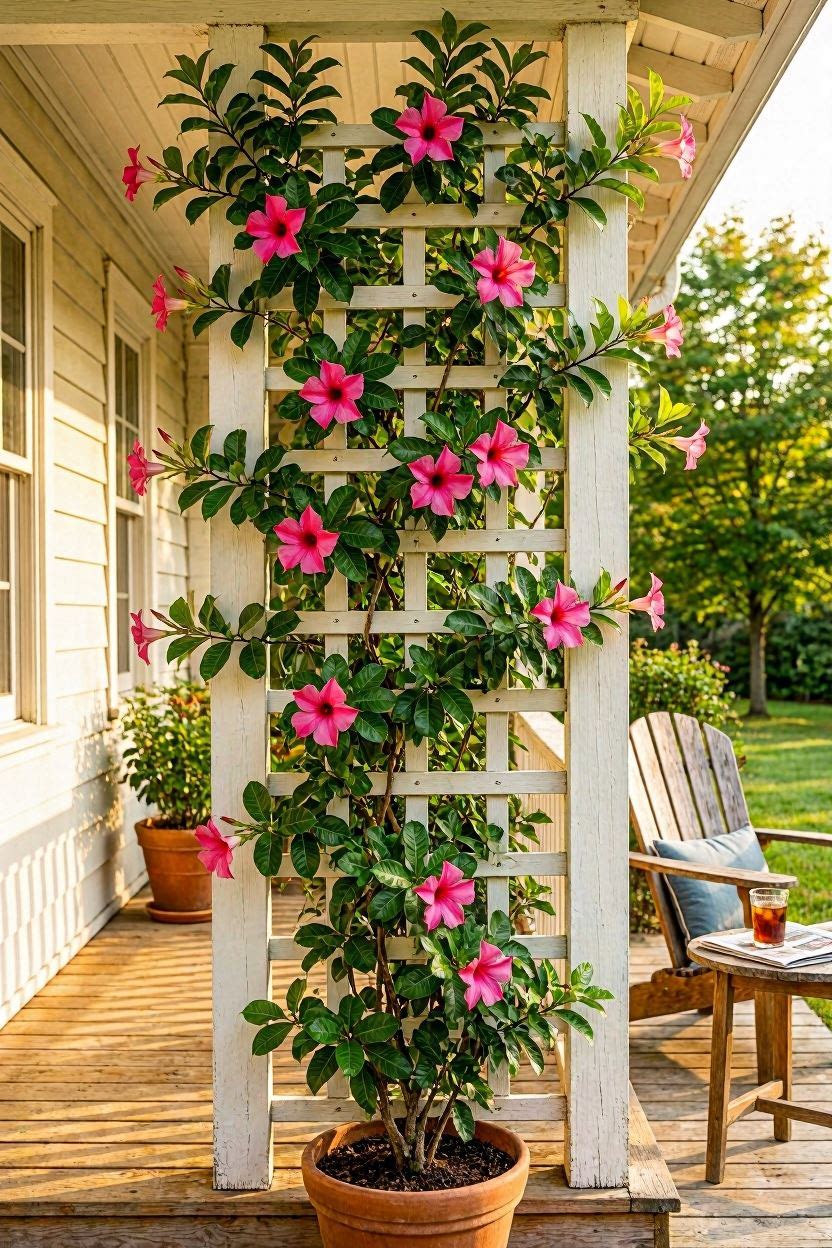 Mandevilla vine climbing a white wooden trellis on a sunny porch