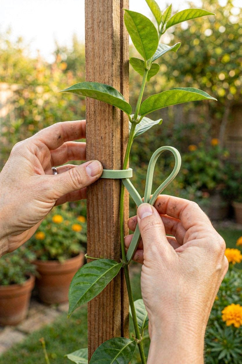 Close-up of mandevilla vine being gently tied to a wooden trellis with soft garden ties