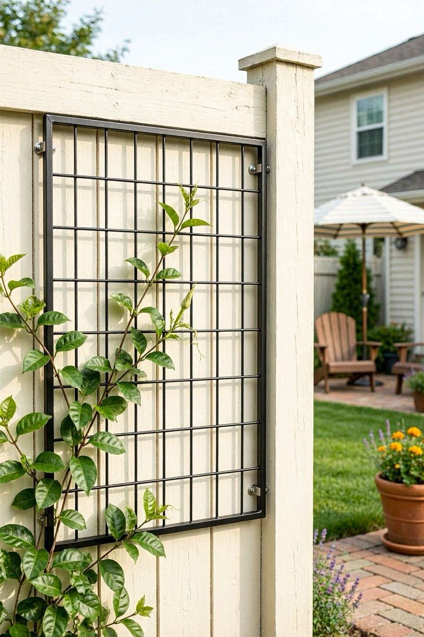 Wall-mounted metal grid trellis attached to a wood fence with mandevilla vines beginning to climb