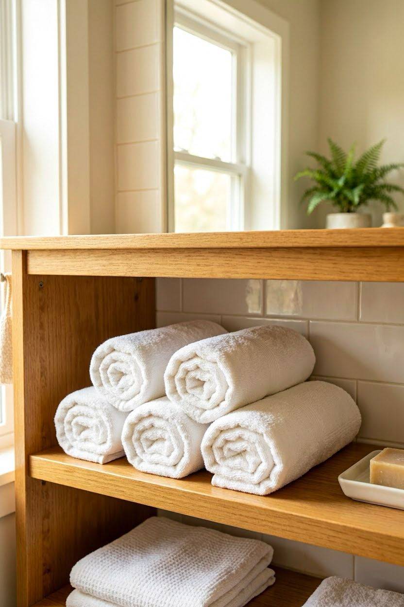 Rolled matching white towels arranged on open bathroom shelf