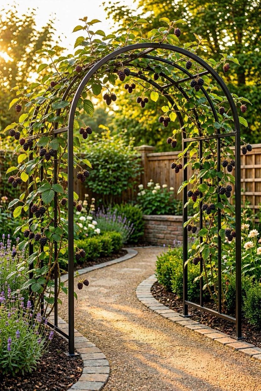 Modern metal arbor trellis with lush blackberry canes forming a garden entrance canopy
