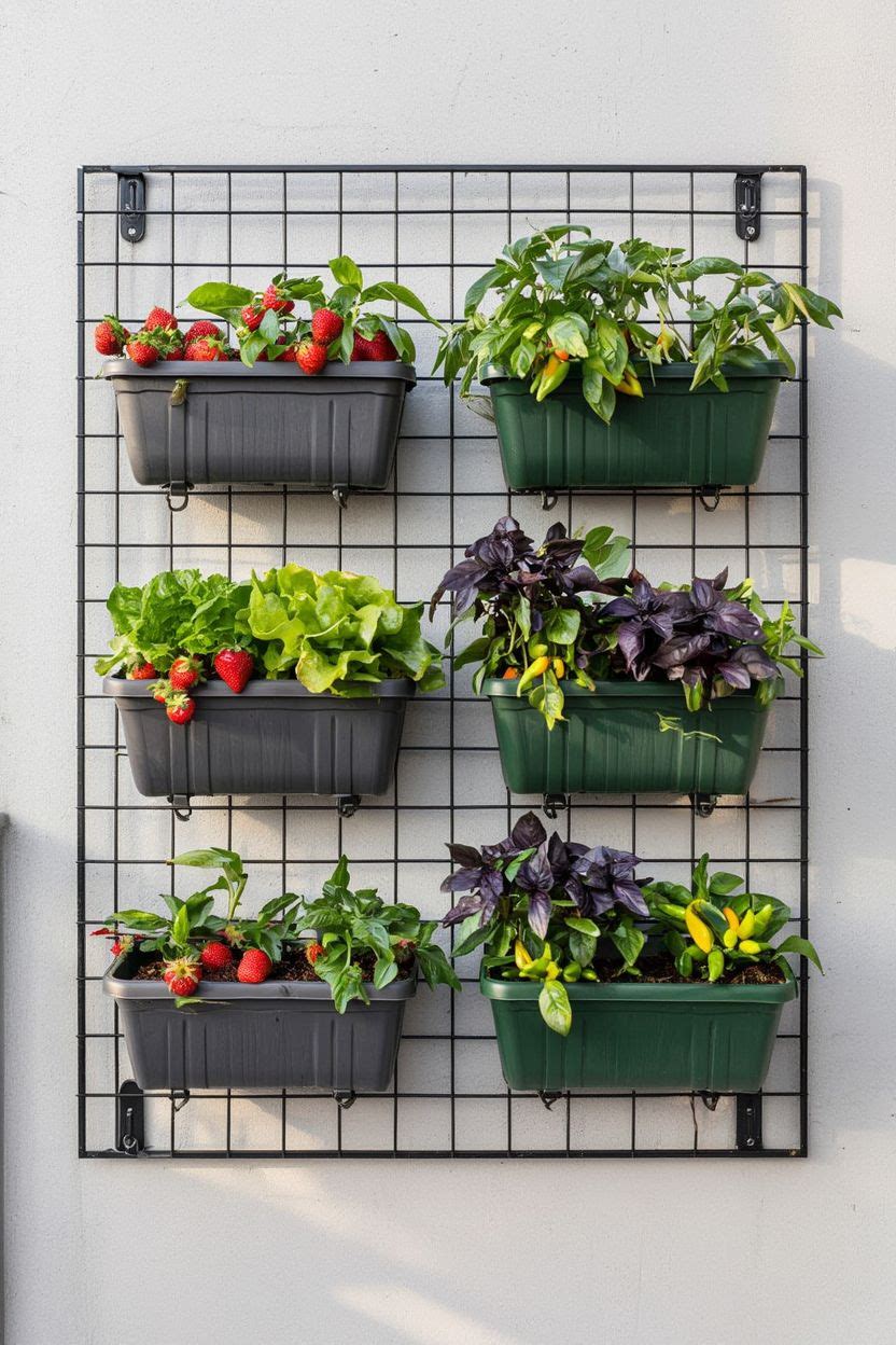 Metal wire grid panel with multiple rectangular planter boxes growing lettuce, strawberries, herbs, and climbing vines on an apartment balcony wall