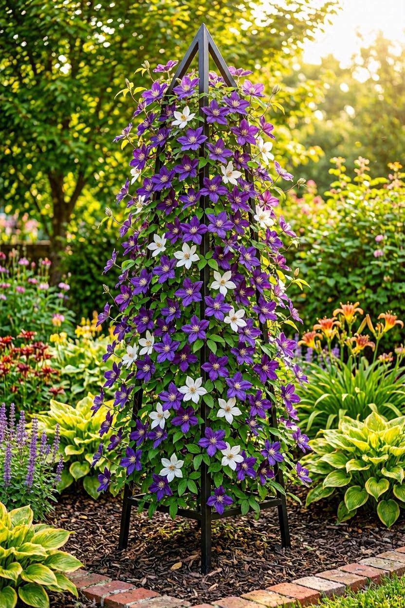 Tall metal obelisk trellis in a garden border with clematis climbing up the frame covered in small white star-shaped flowers
