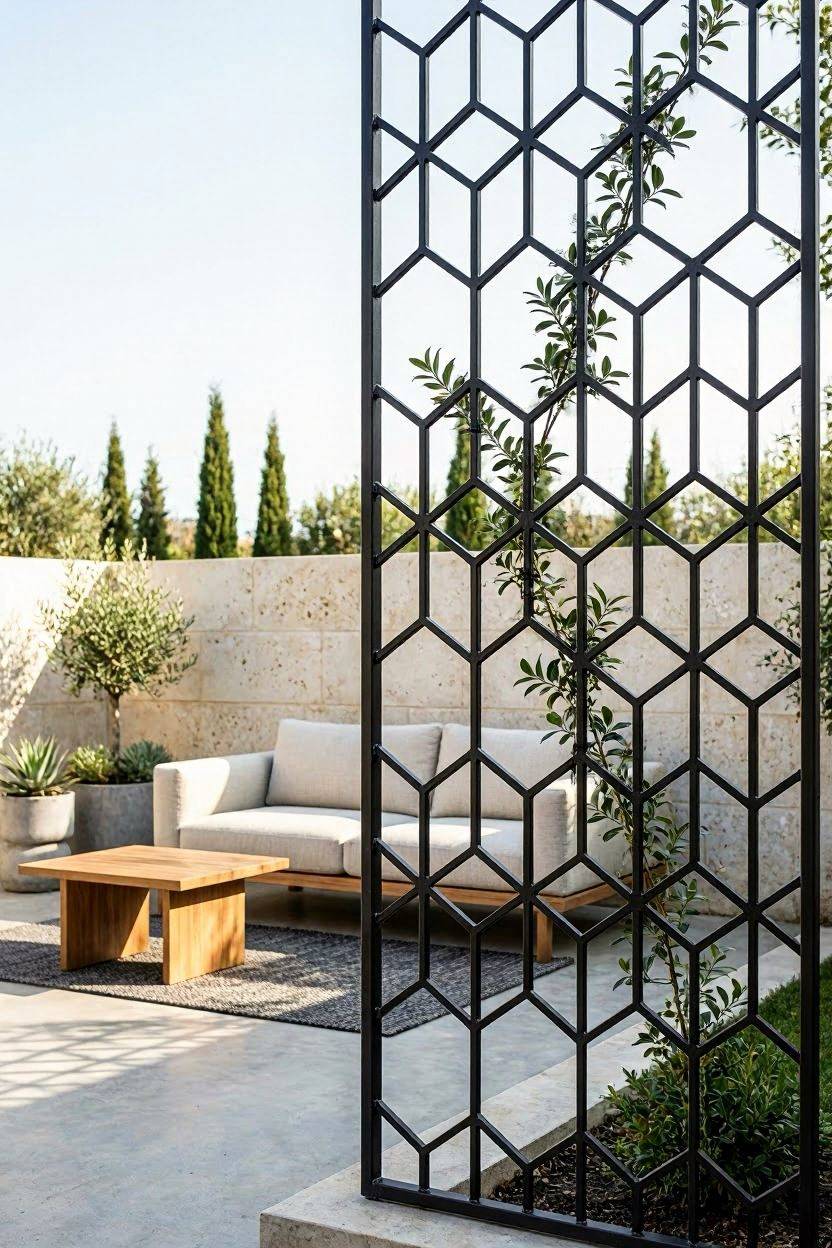 Modern black metal trellis privacy panel in a backyard