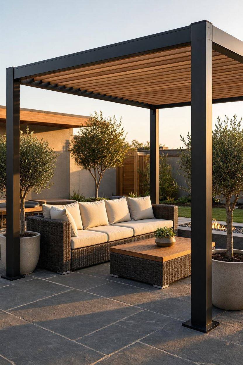 Modern pergola combining black metal frame with wood slat trellis top
