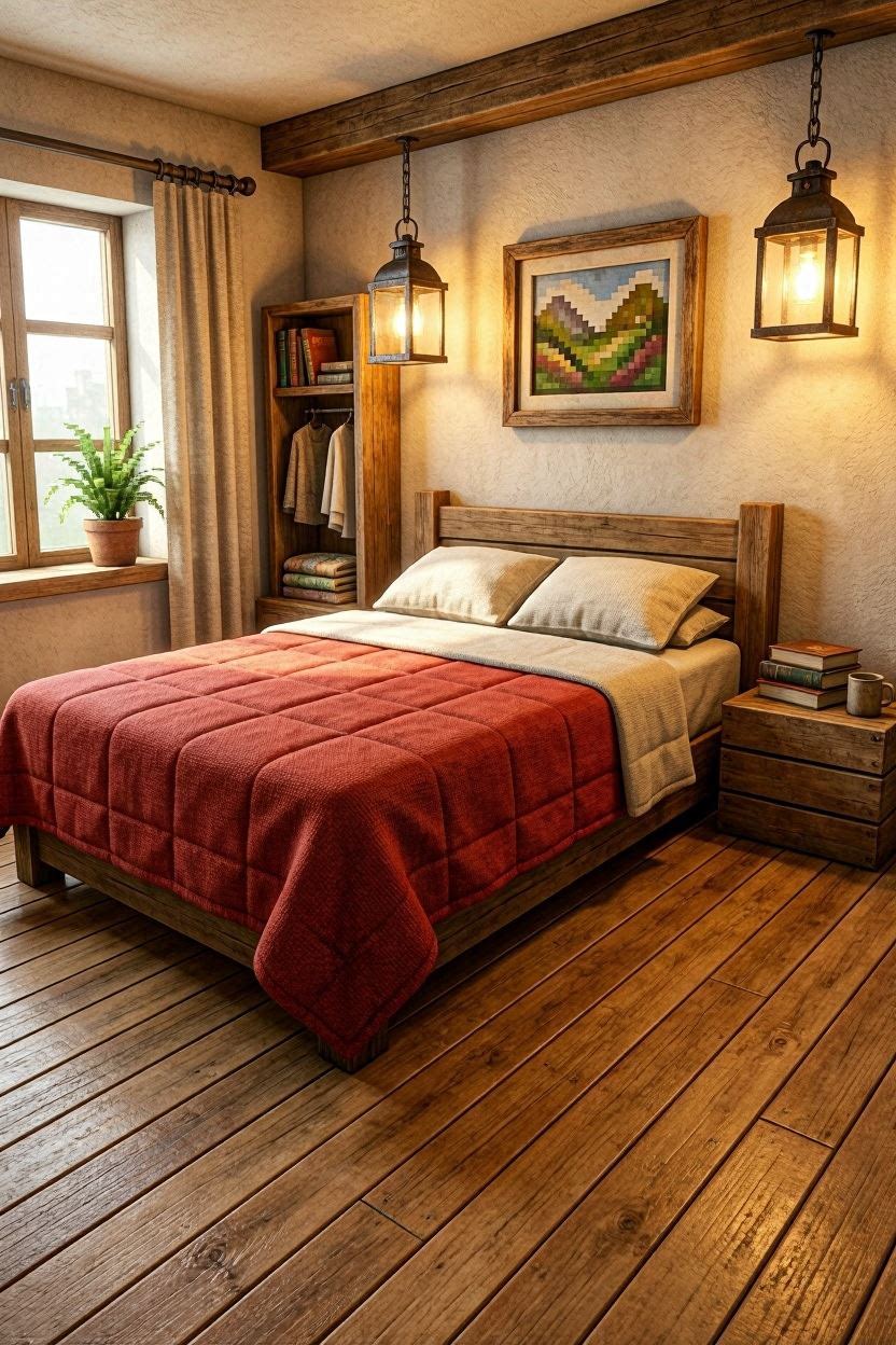 Minecraft bedroom build with warm lighting, bunk beds, and cozy décor