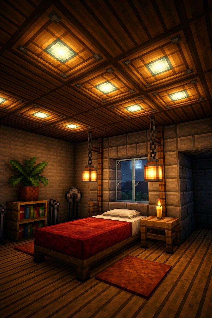 Minecraft bedroom with lanterns, glow lights, and hidden light sources in ceiling