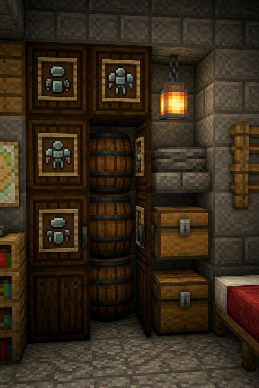 Minecraft bedroom wardrobe built with dark oak doors, barrels, and item frames