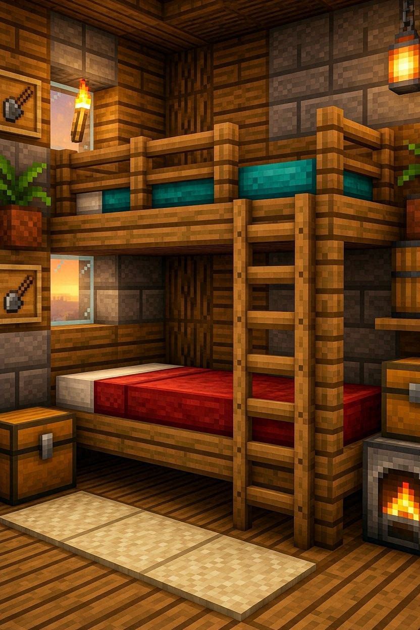 Minecraft bunk bed built with oak ladders, wooden slabs, and two separate colored beds