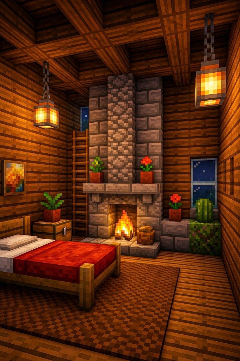 Minecraft cozy cabin bedroom with spruce logs, fireplace, fur rugs, and warm lanterns