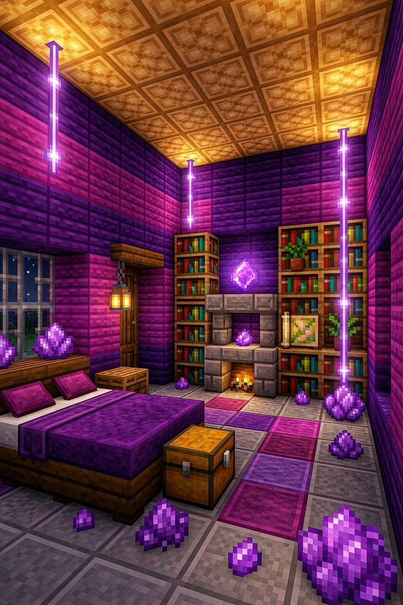Minecraft fantasy bedroom with purple wool, amethyst crystals, glowstone ceiling, and bookshelves