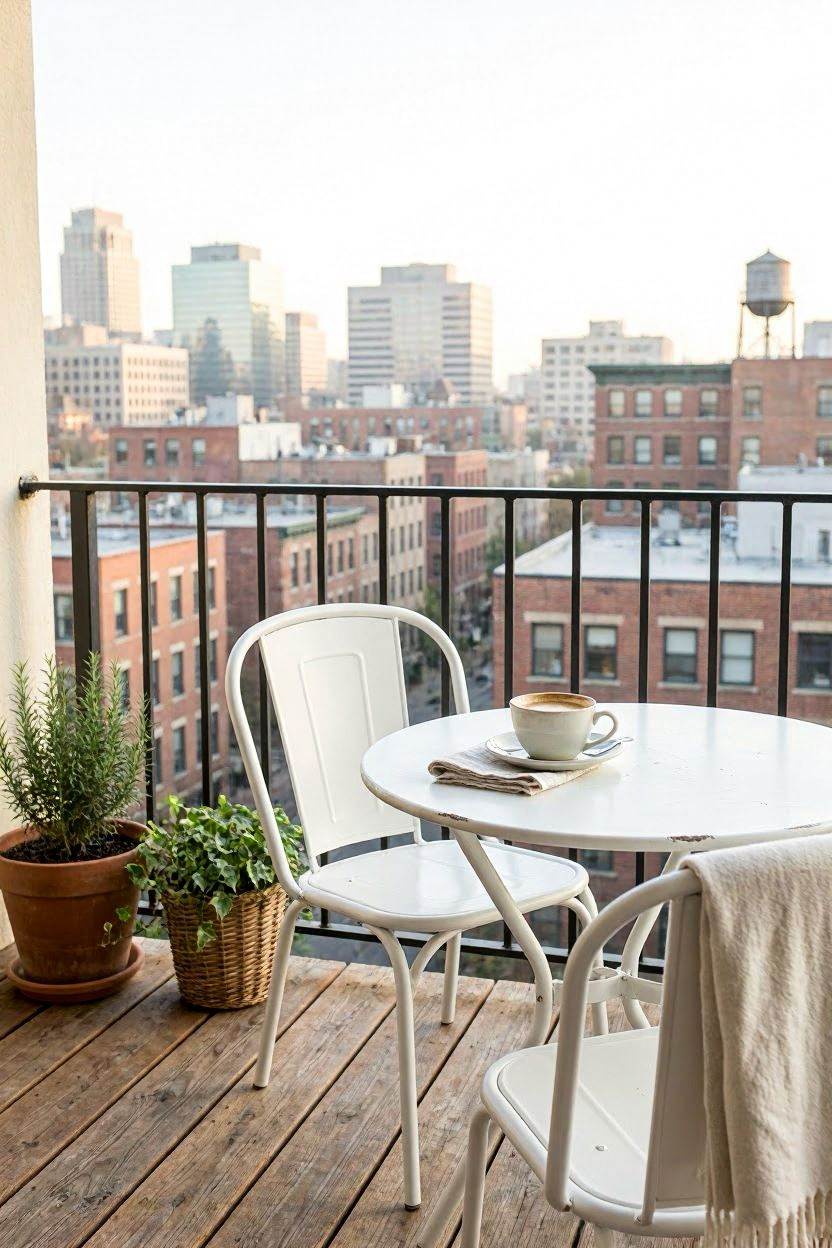 A small balcony with a white metal bistro set and a cup of coffee on the table