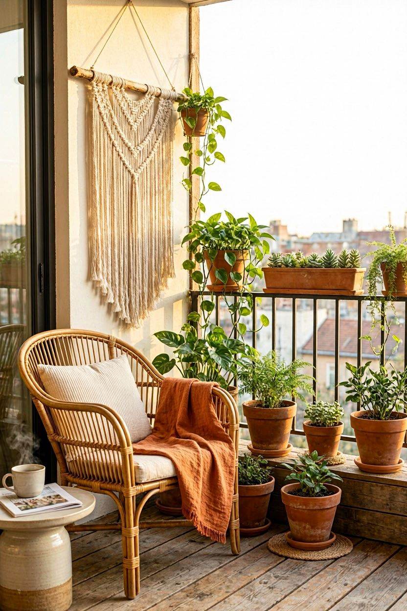 A boho-style mini balcony with macramé wall hanging, rattan furniture, and trailing plants in terracotta pots