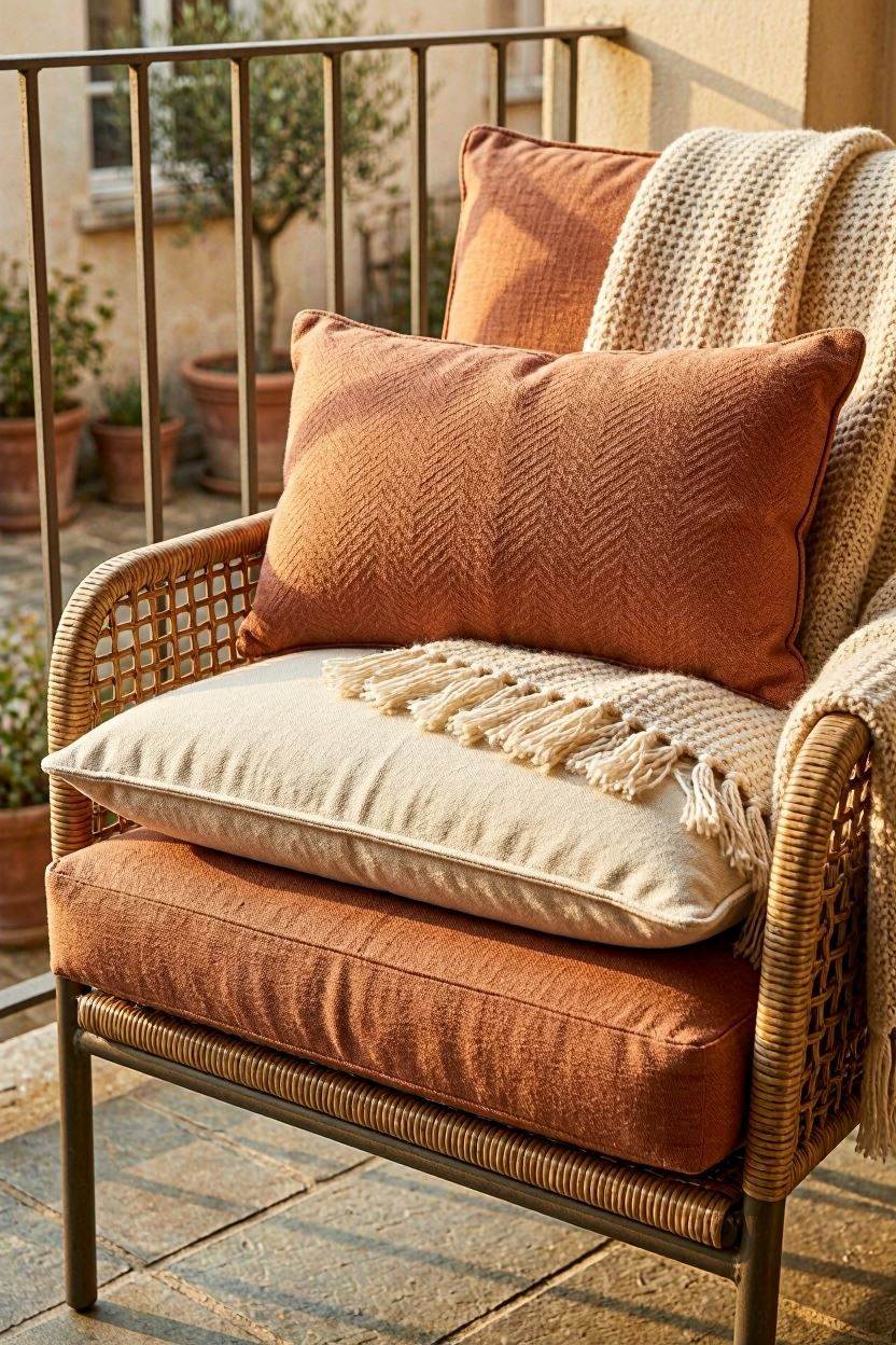 A balcony chair loaded with colorful outdoor cushions and a woven throw blanket in earthy tones