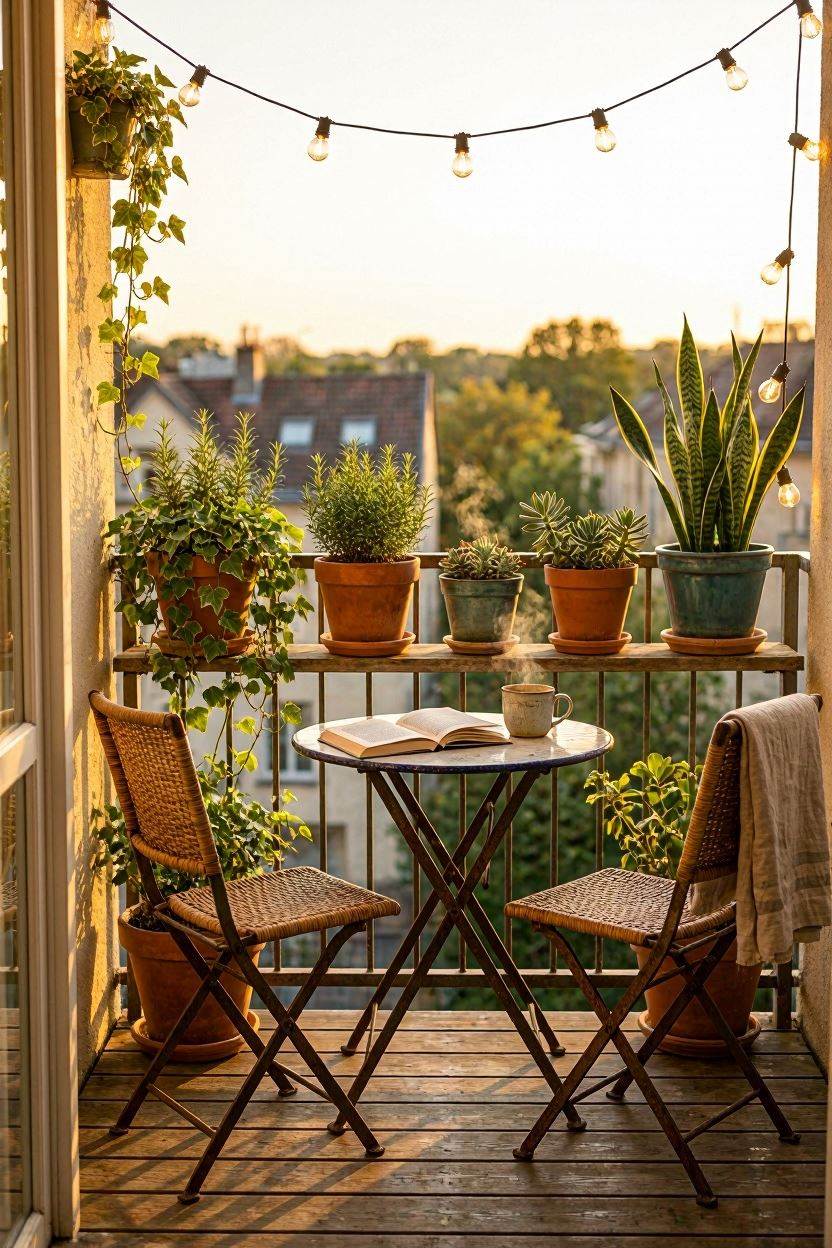 A cozy mini balcony decorated with string lights, potted plants, and a bistro chair set