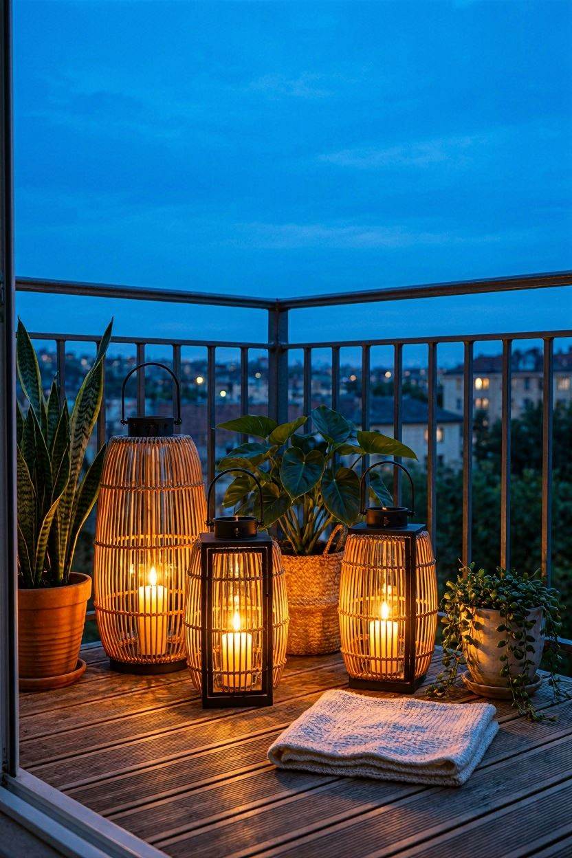 A balcony corner styled with three floor lanterns of different heights, glowing with warm candlelight at dusk