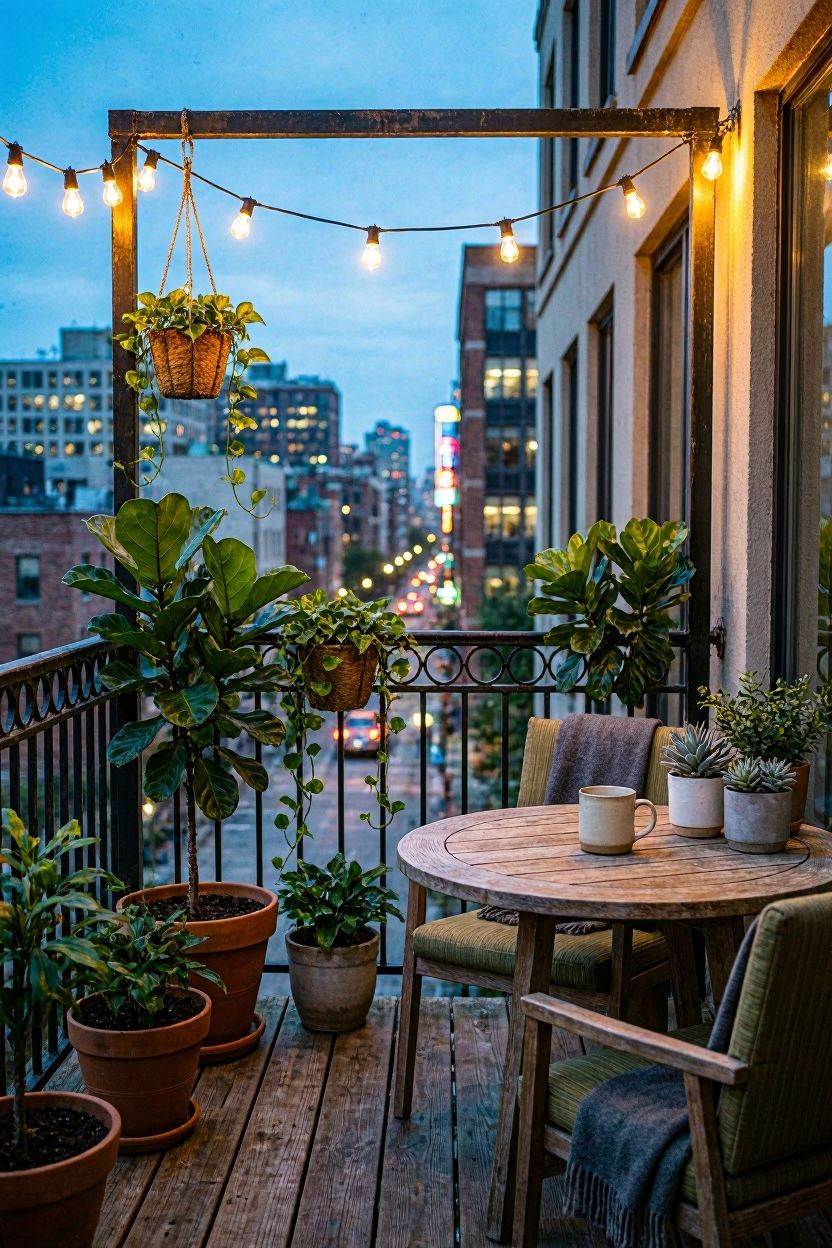 A mini apartment balcony at dusk with warm globe string lights strung overhead and potted plants below