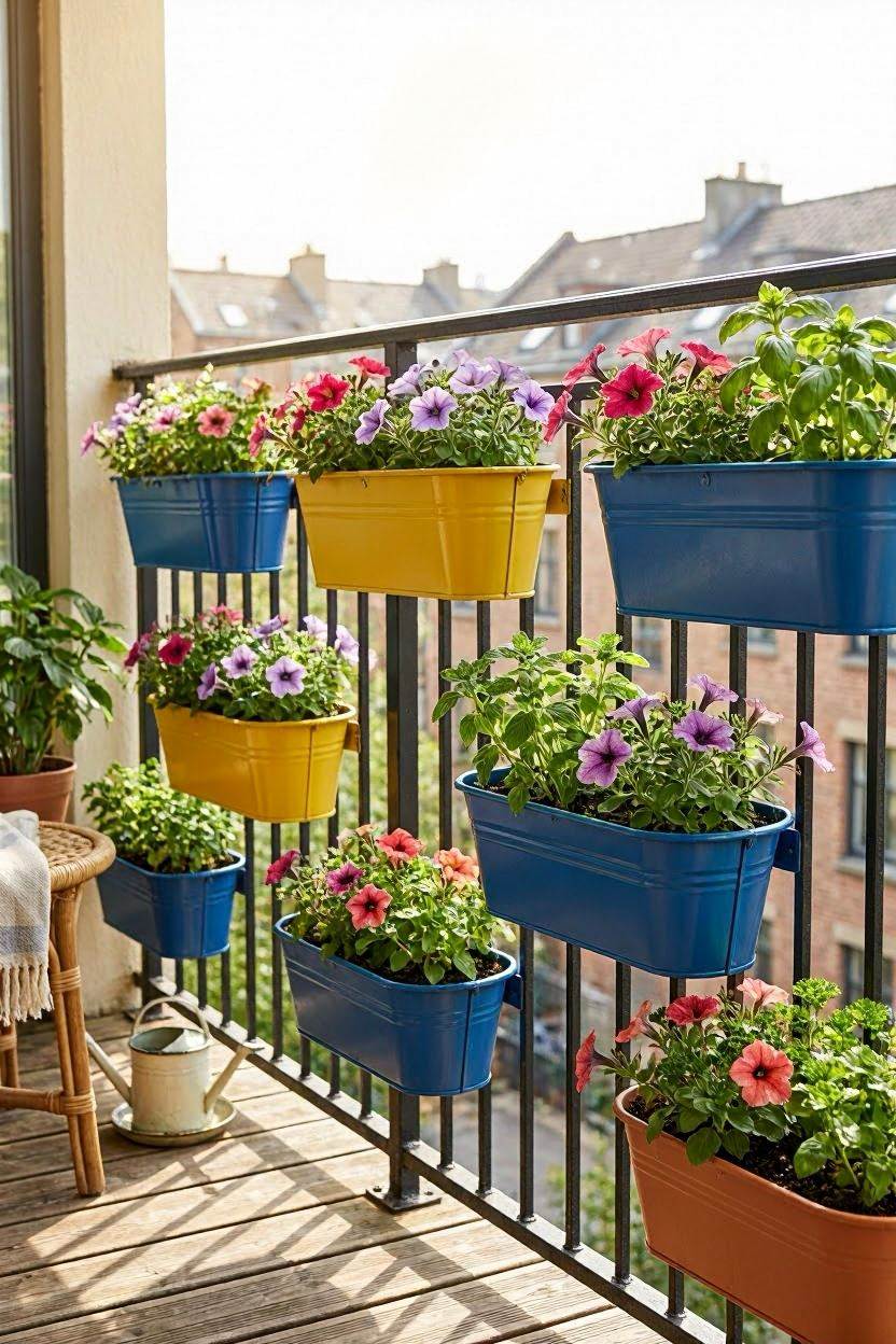 A balcony railing lined with colorful railing planters full of petunias and herbs