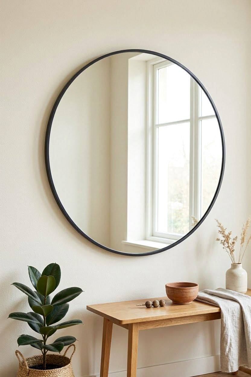 Large mirror positioned across from a window in a living room to reflect light