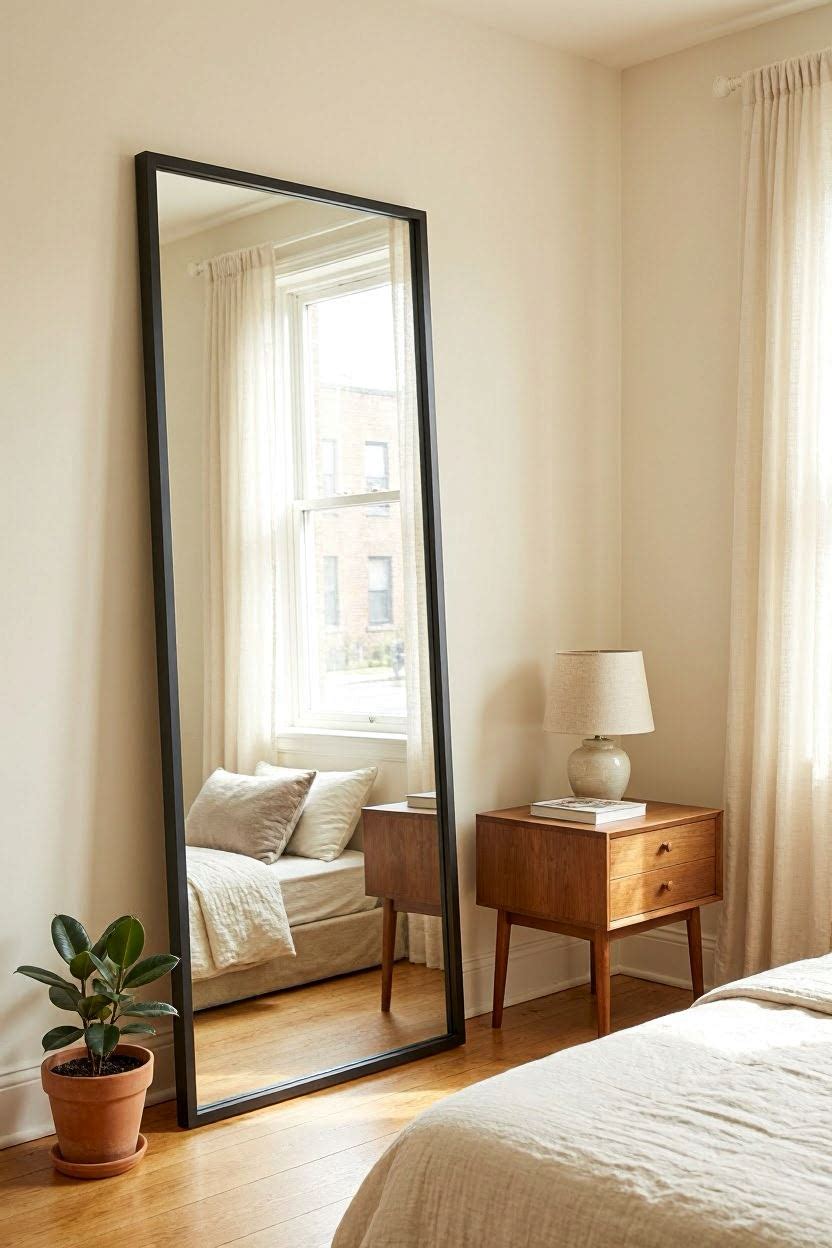 Large floor mirror leaning against wall in small bedroom reflecting natural light and doubling visual space